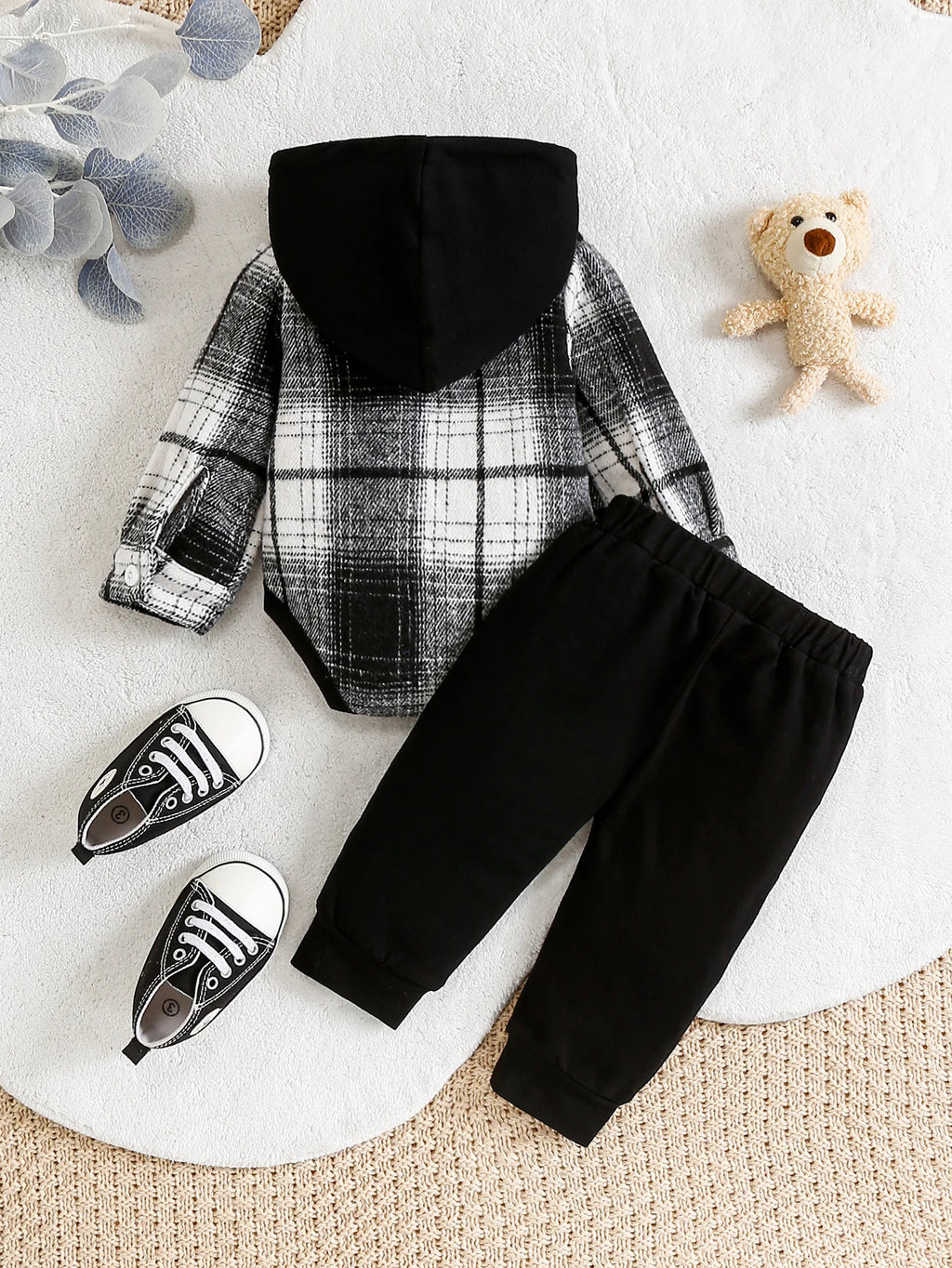 Baby Checked Hooded Outfit Set with Hat