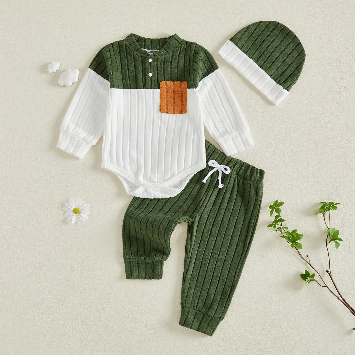Baby Pocket Romper, Trousers & Hat Set
