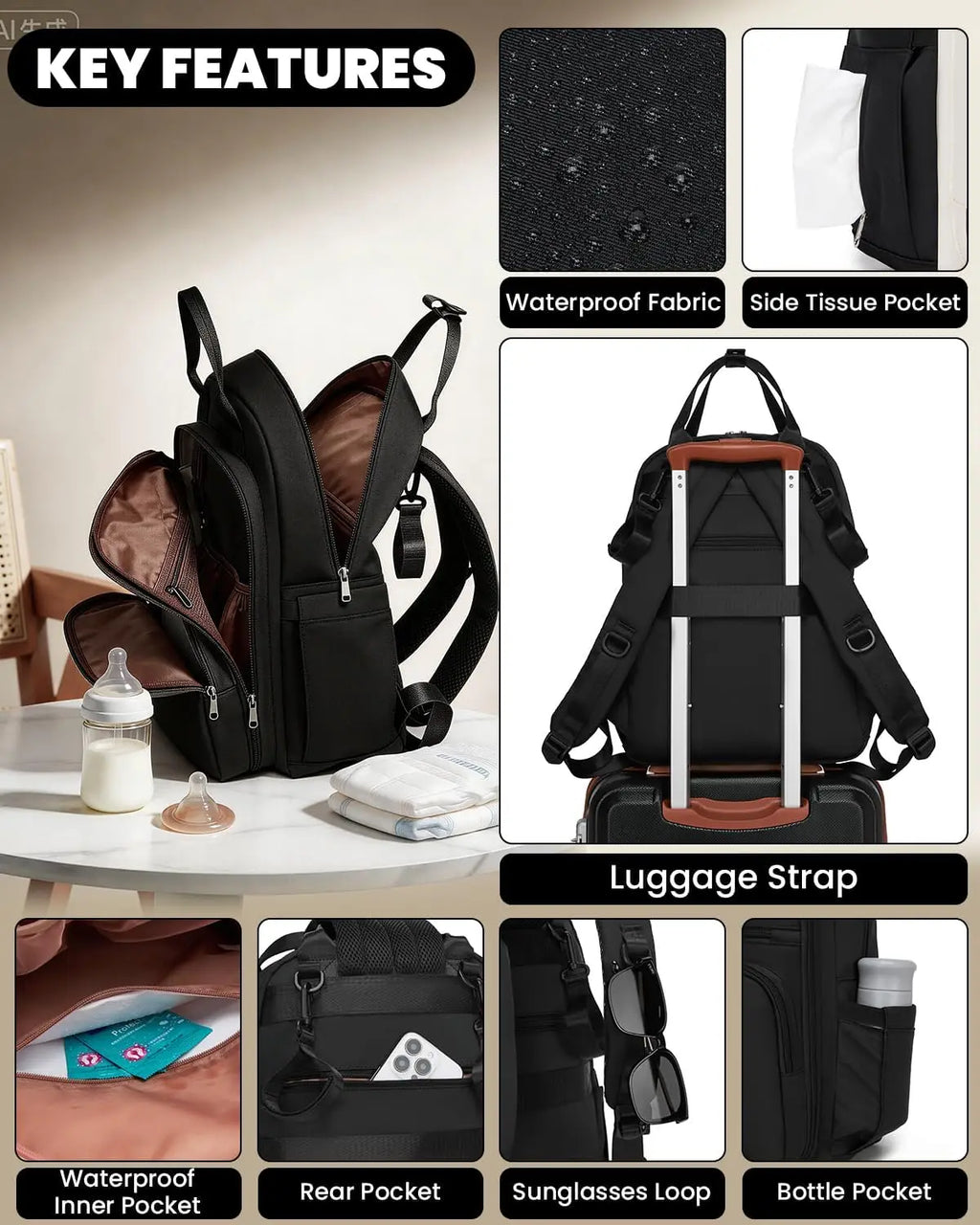 Miss Lulu Multifunction Diaper Backpack, Large Nappy Bag with Stroller Straps, Insulated Pockets & Wet-Dry Separation for Travel