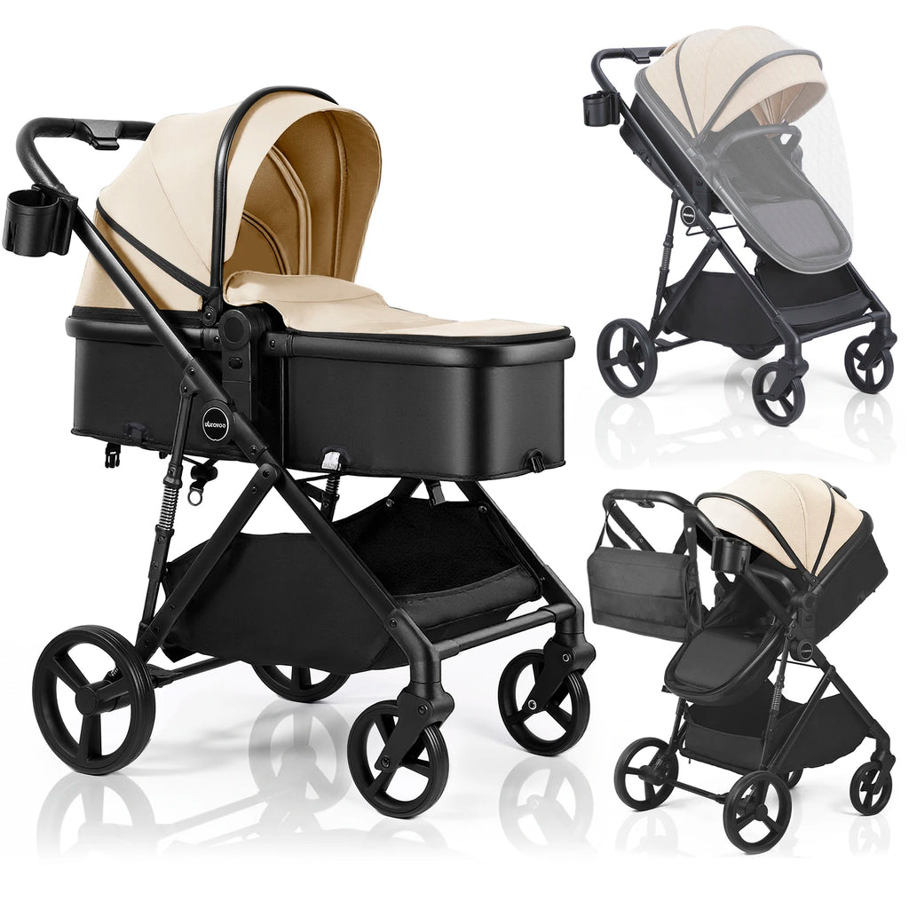 2 in 1 Baby Pushchair, Foldable Travel System Pram with Reversible Seat, Adjustable Canopy, Storage Basket for 0-36 Months