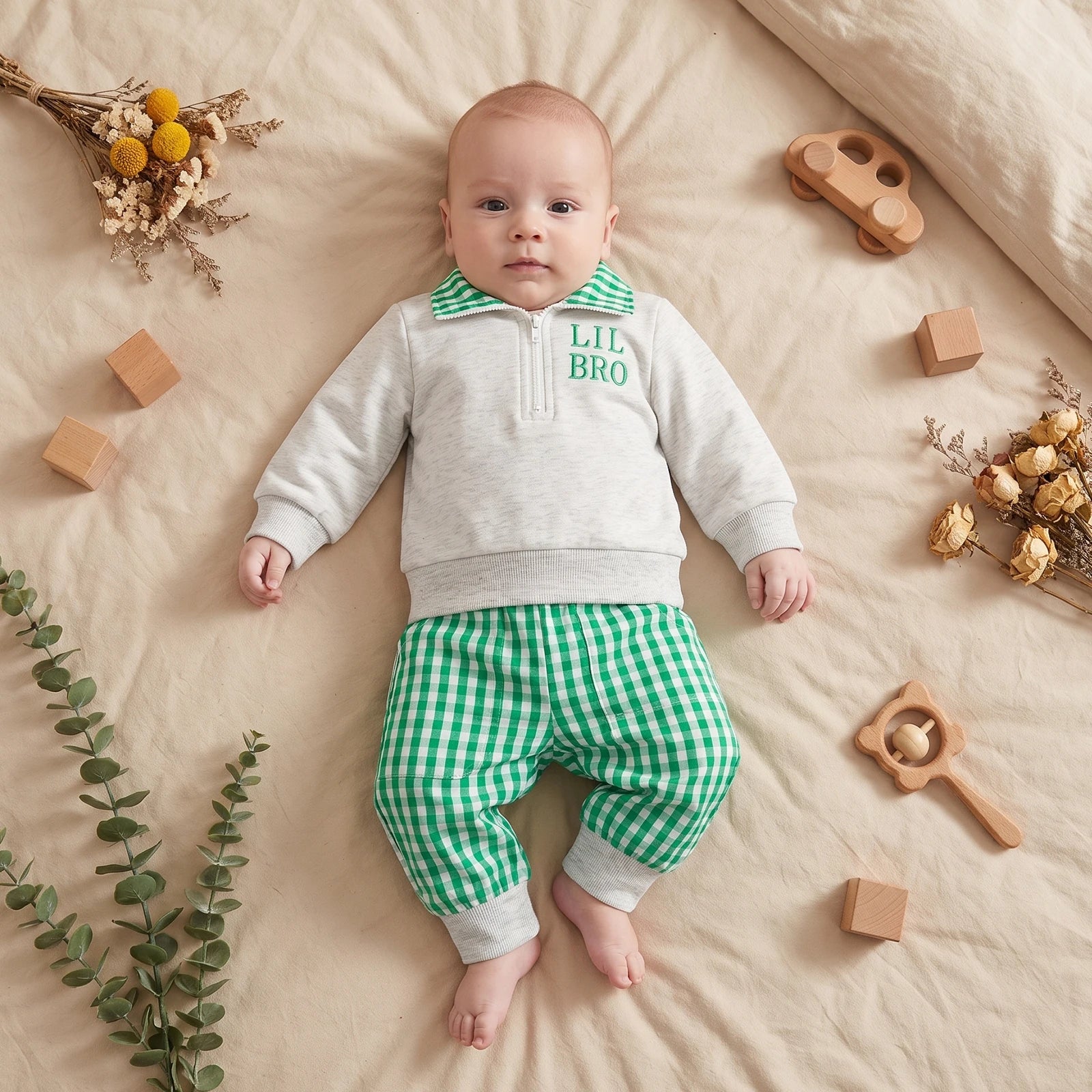 Baby Zip-Neck Sweatshirt & Checked Trousers Set