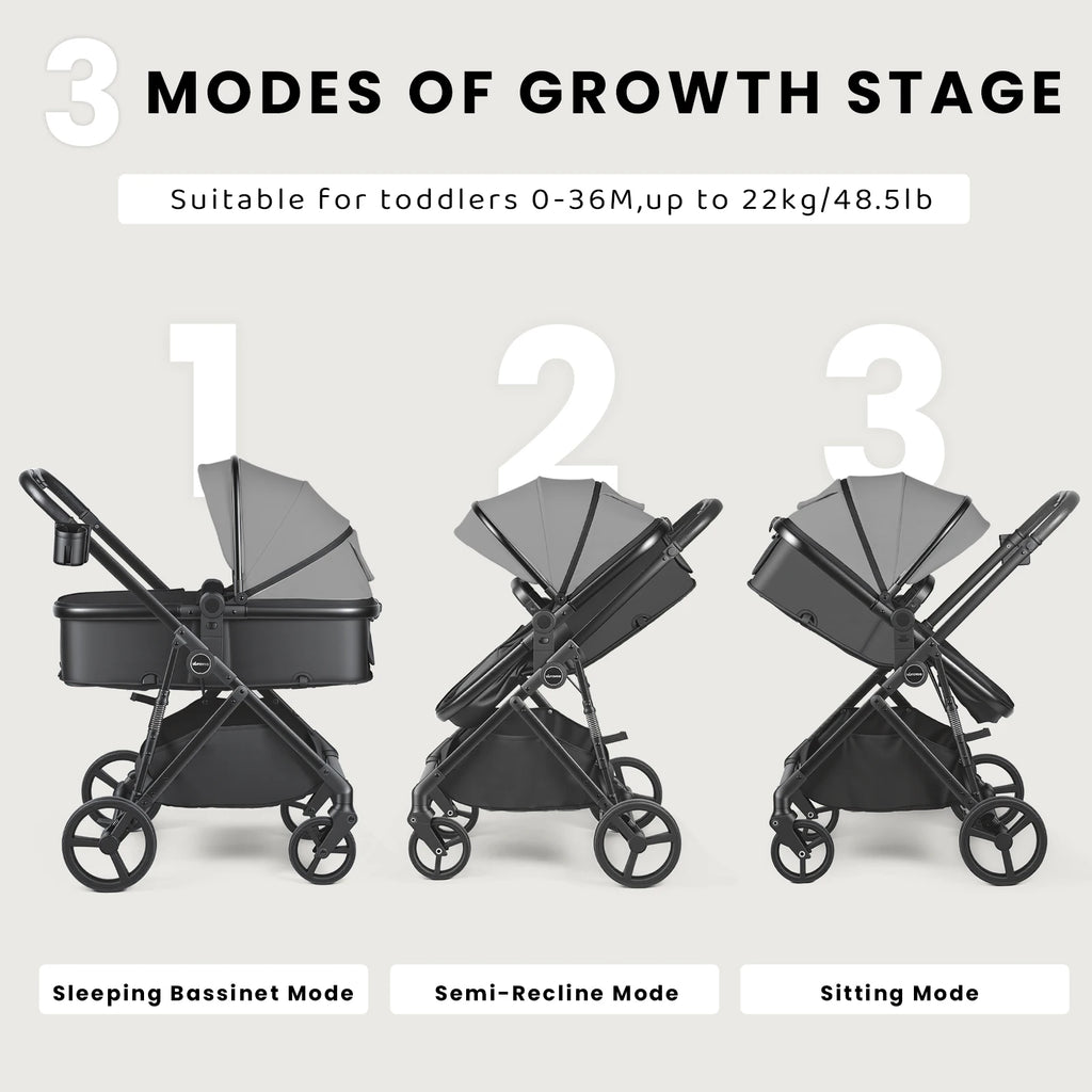2 in 1 Baby Pushchair, Foldable Travel System Pram with Reversible Seat, Adjustable Canopy, Storage Basket for 0-36 Months
