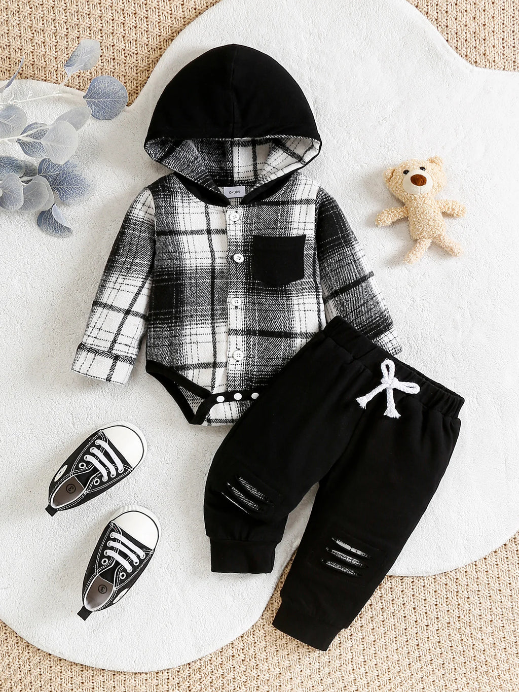 Baby Checked Hooded Outfit Set with Hat