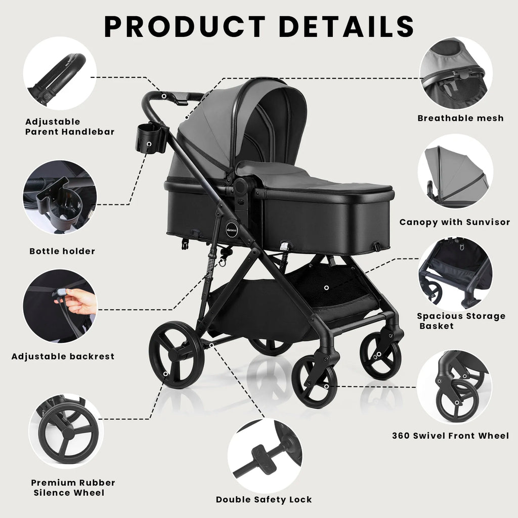 2 in 1 Baby Pushchair, Foldable Travel System Pram with Reversible Seat, Adjustable Canopy, Storage Basket for 0-36 Months
