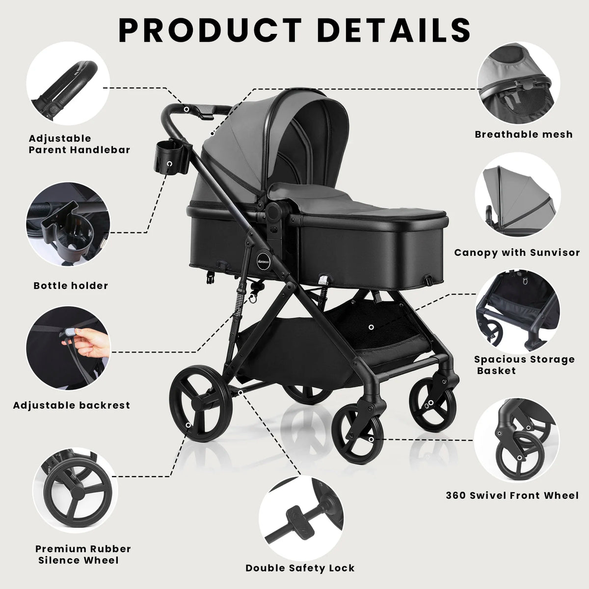 2 in 1 Baby Pushchair, Foldable Travel System Pram with Reversible Seat, Adjustable Canopy, Storage Basket for 0-36 Months