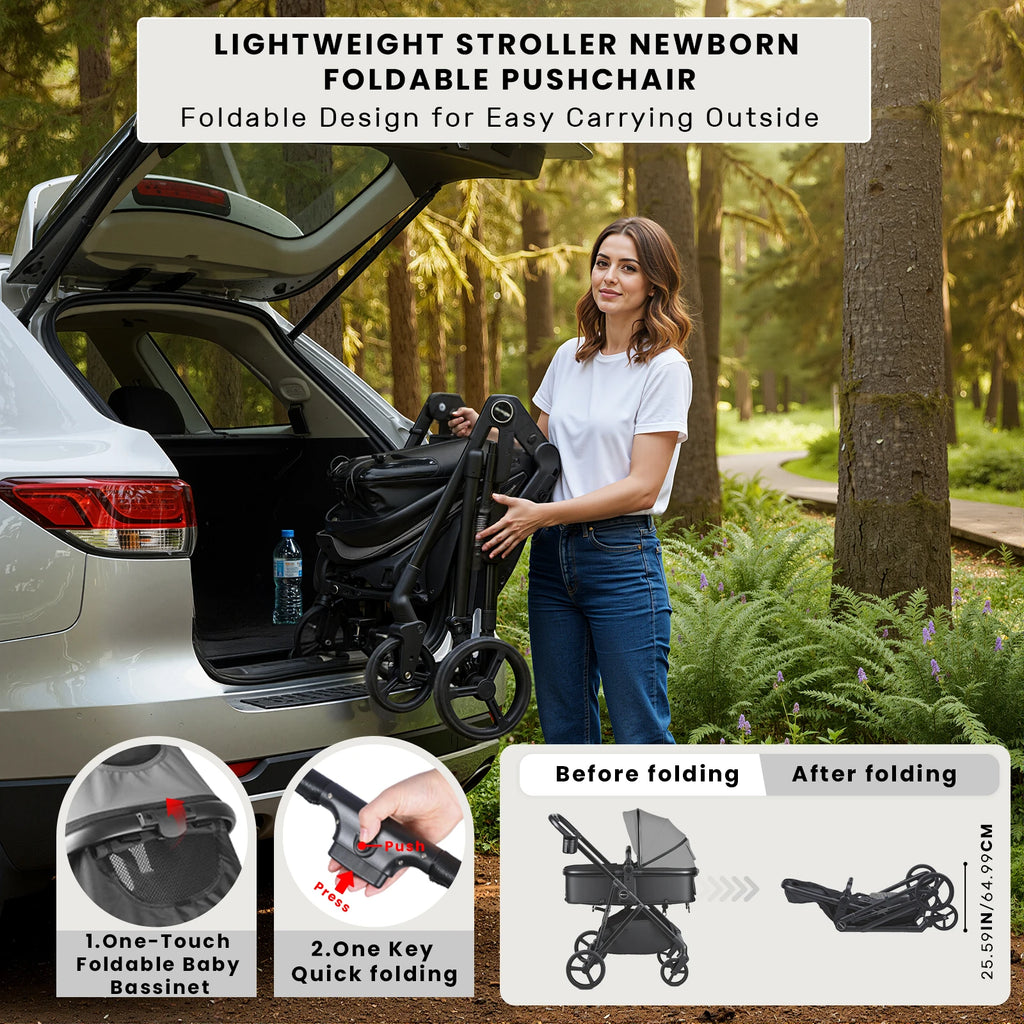 2 in 1 Baby Pushchair, Foldable Travel System Pram with Reversible Seat, Adjustable Canopy, Storage Basket for 0-36 Months
