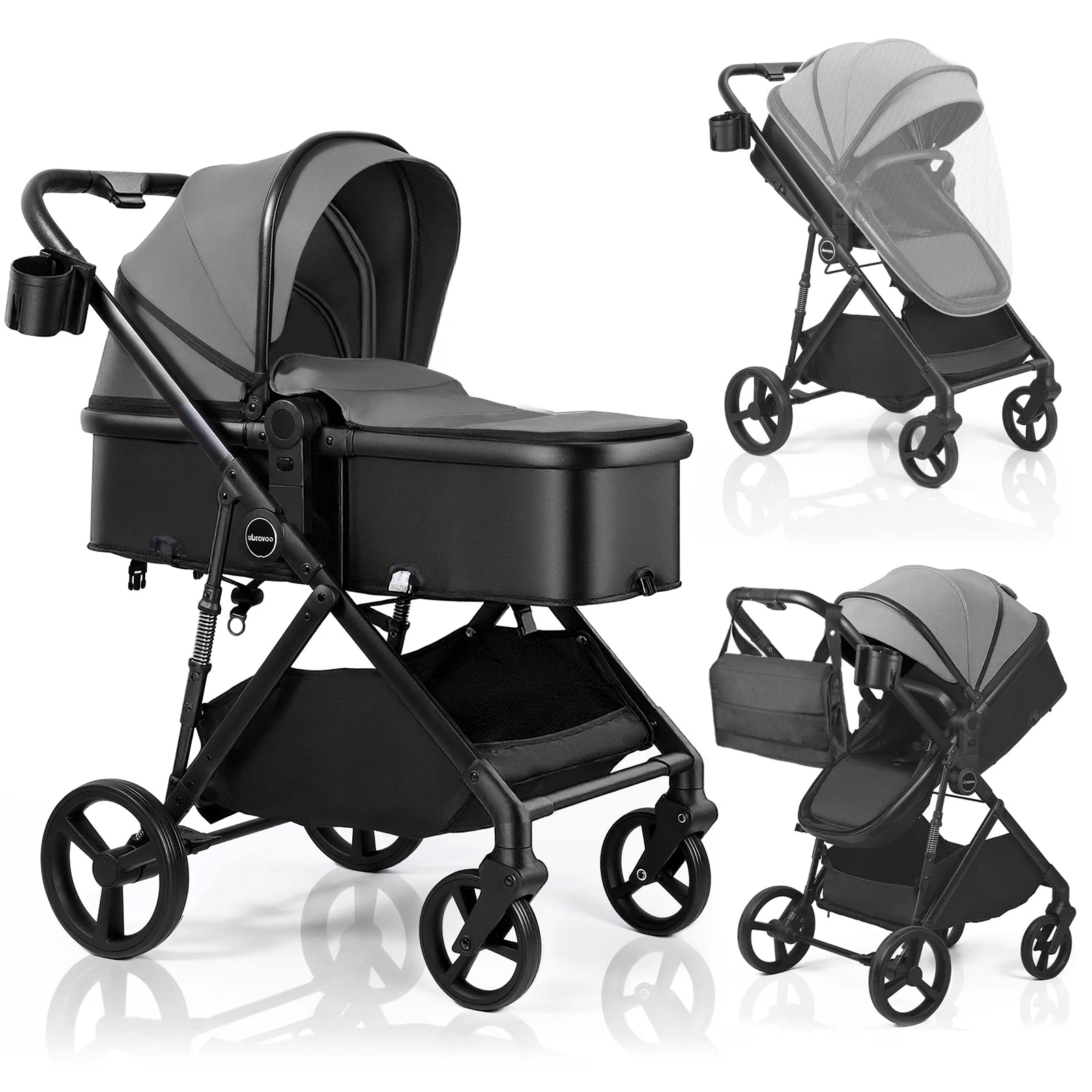 2 in 1 Baby Pushchair, Foldable Travel System Pram with Reversible Seat, Adjustable Canopy, Storage Basket for 0-36 Months