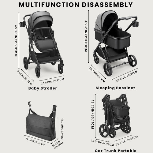 2 in 1 Baby Pushchair, Foldable Travel System Pram with Reversible Seat, Adjustable Canopy, Storage Basket for 0-36 Months