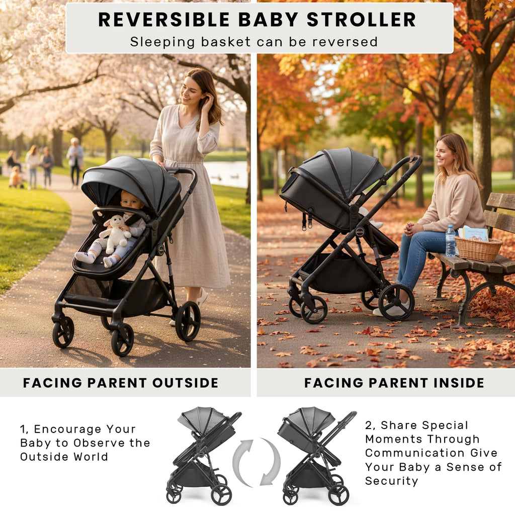 2 in 1 Baby Pushchair, Foldable Travel System Pram with Reversible Seat, Adjustable Canopy, Storage Basket for 0-36 Months