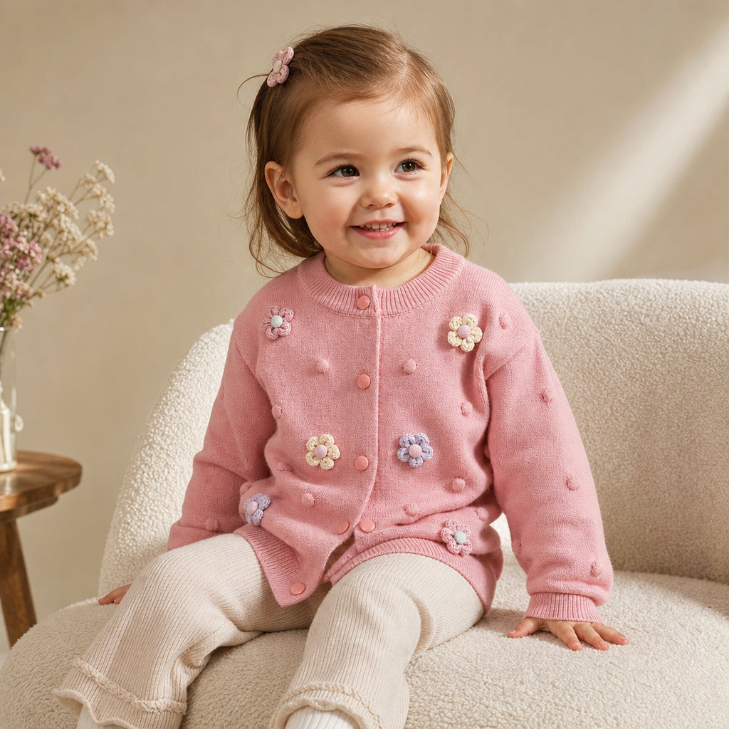 Girls' Knitted Cardigan 2-8 Years Soft Sweater Coat with Colorful Flowers Fashion Toddler Girl Autumn Winter Top - Pink / 2T