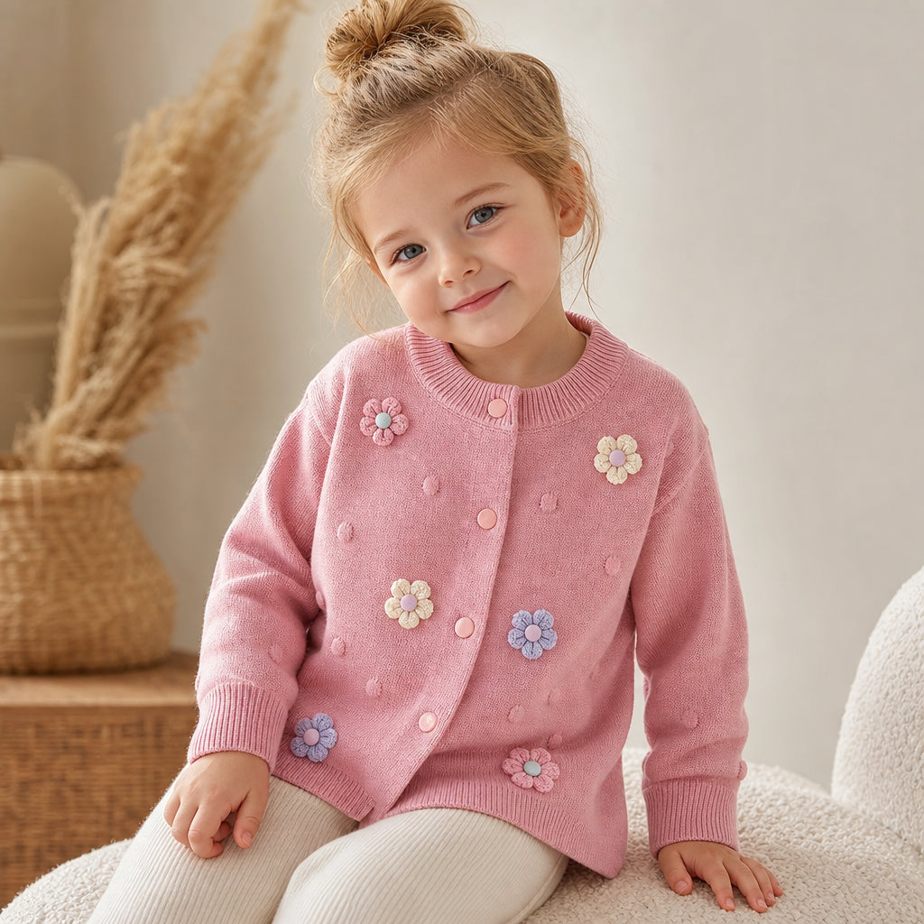 Girls' Knitted Cardigan 2-8 Years Soft Sweater Coat with Colorful Flowers Fashion Toddler Girl Autumn Winter Top - Pink / 3T