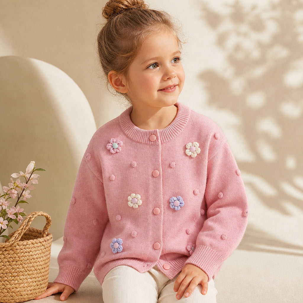 Girls' Knitted Cardigan 2-8 Years Soft Sweater Coat with Colorful Flowers Fashion Toddler Girl Autumn Winter Top - Pink / 4T