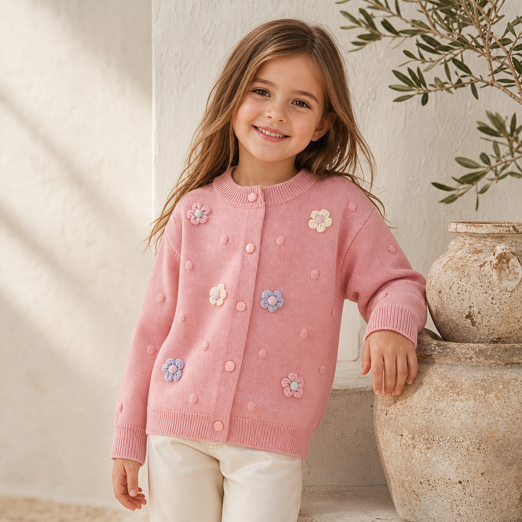 Girls' Knitted Cardigan 2-8 Years Soft Sweater Coat with Colorful Flowers Fashion Toddler Girl Autumn Winter Top - Pink / 5T