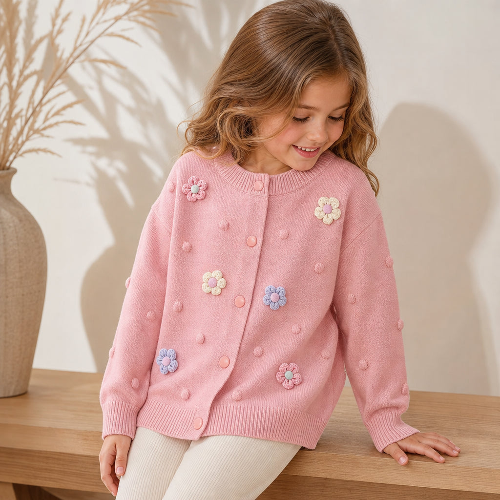 Girls' Knitted Cardigan 2-8 Years Soft Sweater Coat with Colorful Flowers Fashion Toddler Girl Autumn Winter Top - Pink / 6T