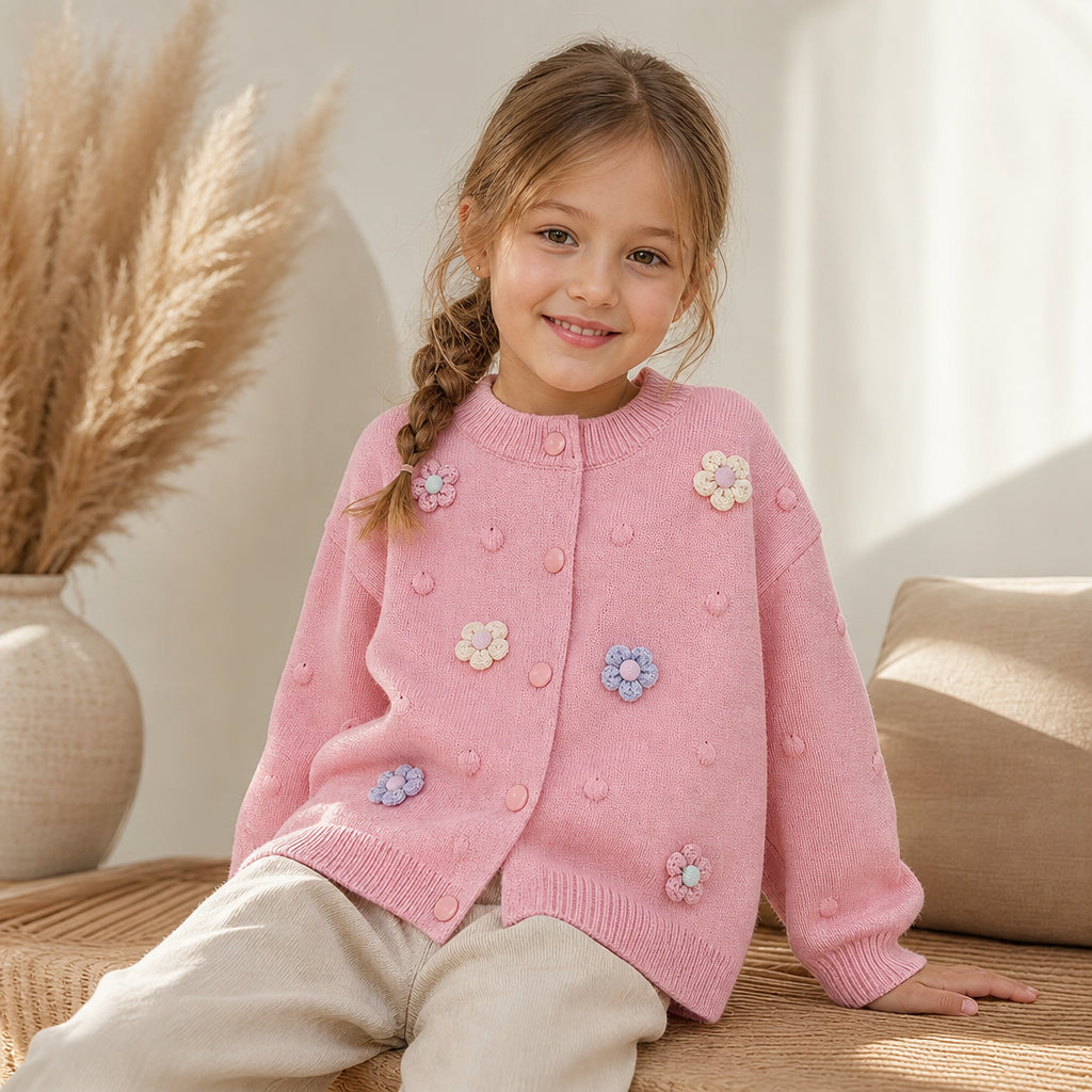 Girls' Knitted Cardigan 2-8 Years Soft Sweater Coat with Colorful Flowers Fashion Toddler Girl Autumn Winter Top - Pink / 7-8T