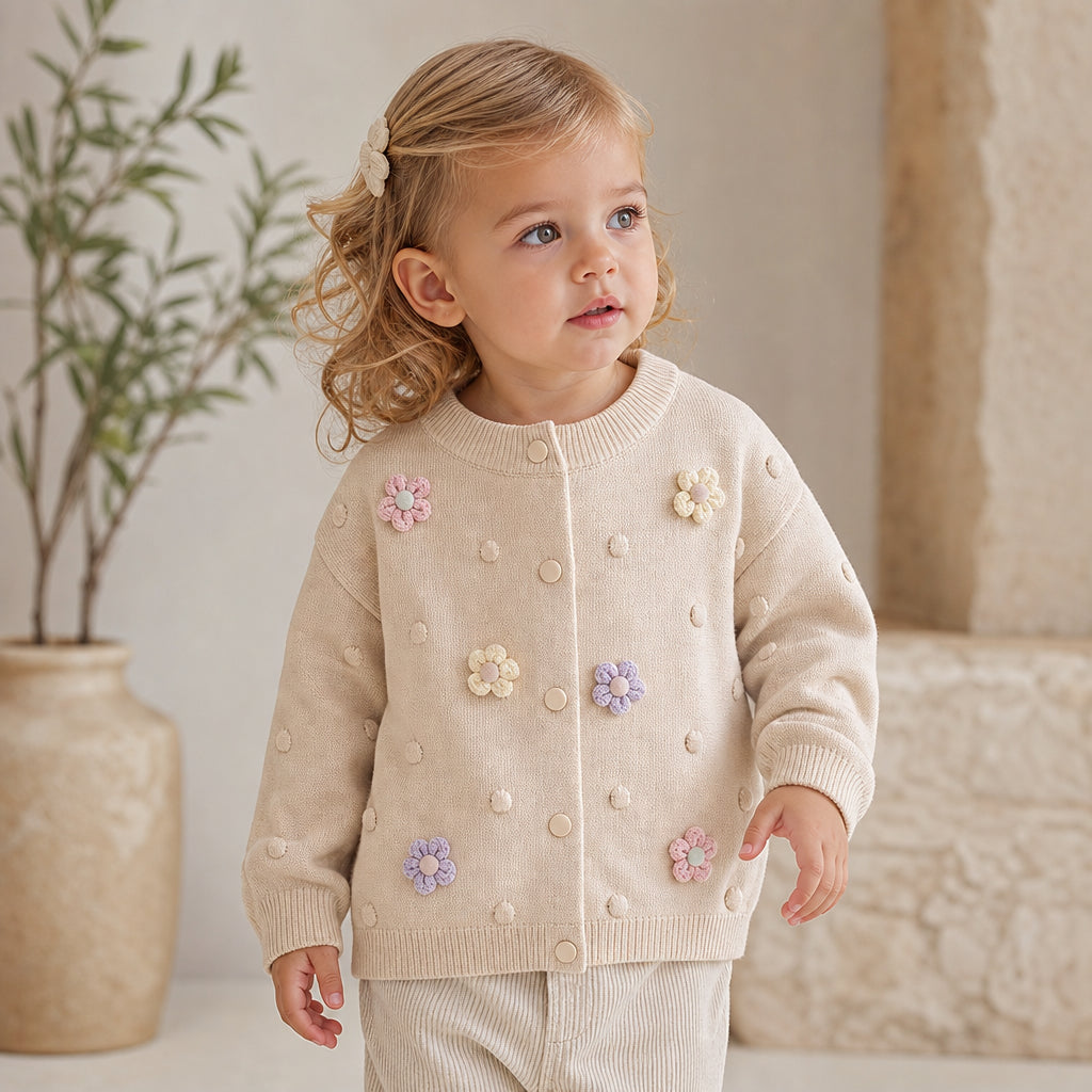 Girls' Knitted Cardigan 2-8 Years Soft Sweater Coat with Colorful Flowers Fashion Toddler Girl Autumn Winter Top - Beige / 2T
