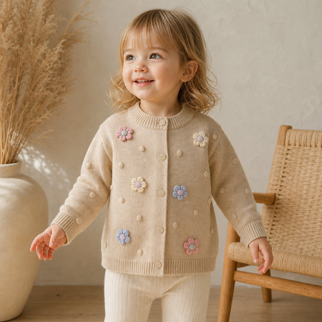 Girls' Knitted Cardigan 2-8 Years Soft Sweater Coat with Colorful Flowers Fashion Toddler Girl Autumn Winter Top - Beige / 3T
