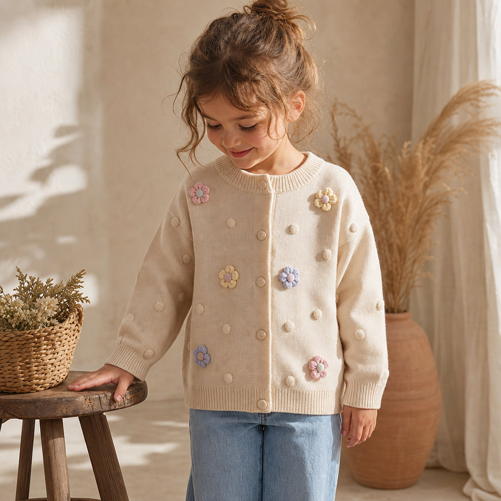 Girls' Knitted Cardigan 2-8 Years Soft Sweater Coat with Colorful Flowers Fashion Toddler Girl Autumn Winter Top - Beige / 4T