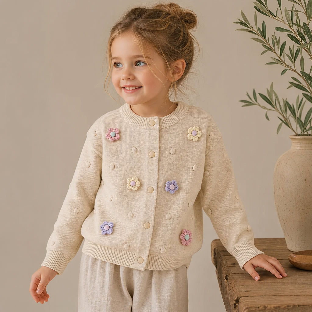 Girls' Knitted Cardigan 2-8 Years Soft Sweater Coat with Colorful Flowers Fashion Toddler Girl Autumn Winter Top - Beige / 5T