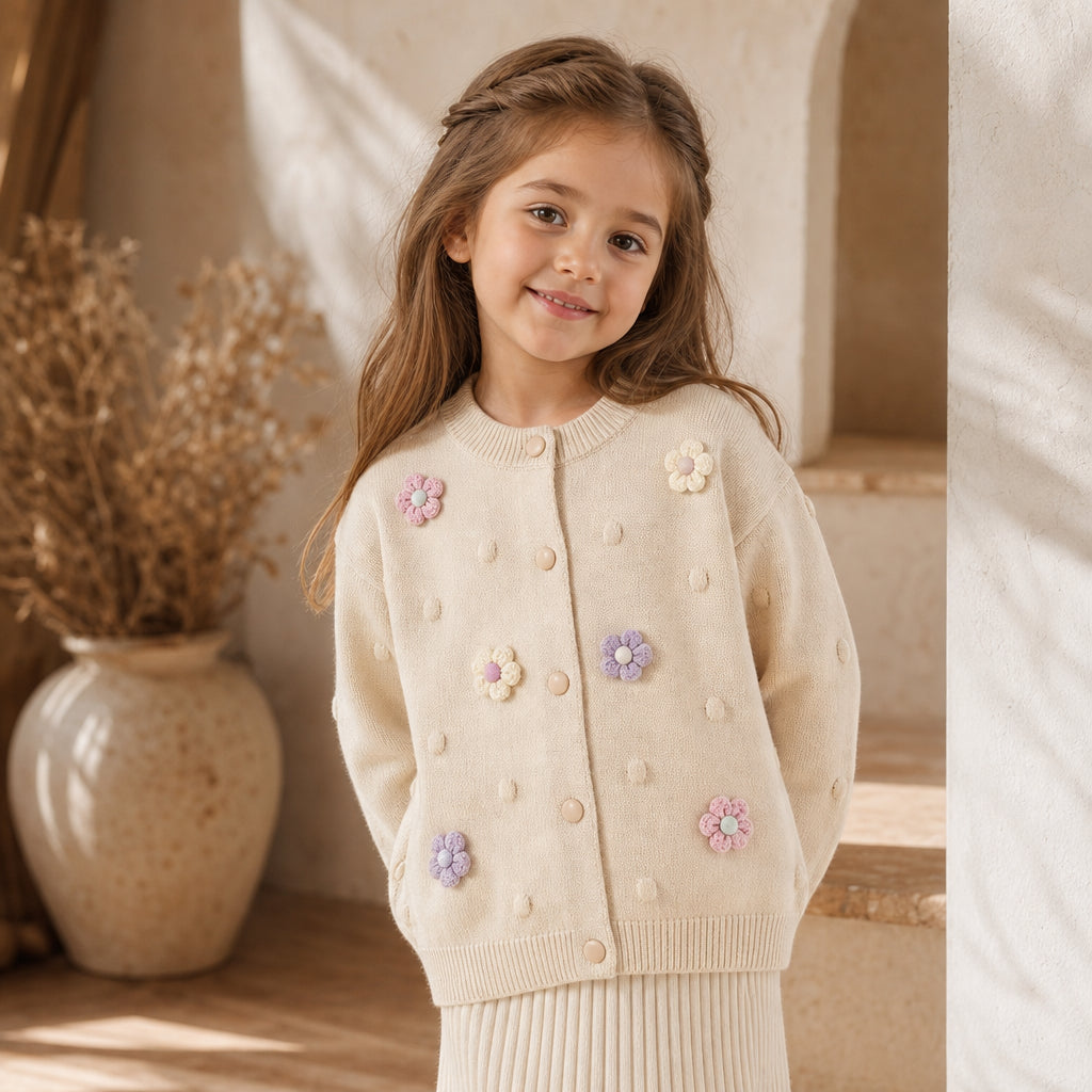 Girls' Knitted Cardigan 2-8 Years Soft Sweater Coat with Colorful Flowers Fashion Toddler Girl Autumn Winter Top - Beige / 6T