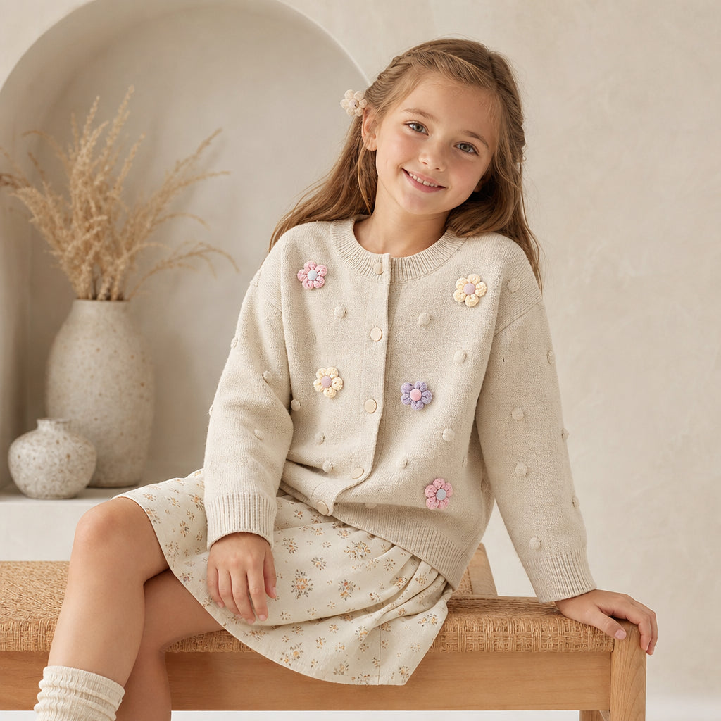 Girls' Knitted Cardigan 2-8 Years Soft Sweater Coat with Colorful Flowers Fashion Toddler Girl Autumn Winter Top - Beige / 7-8T
