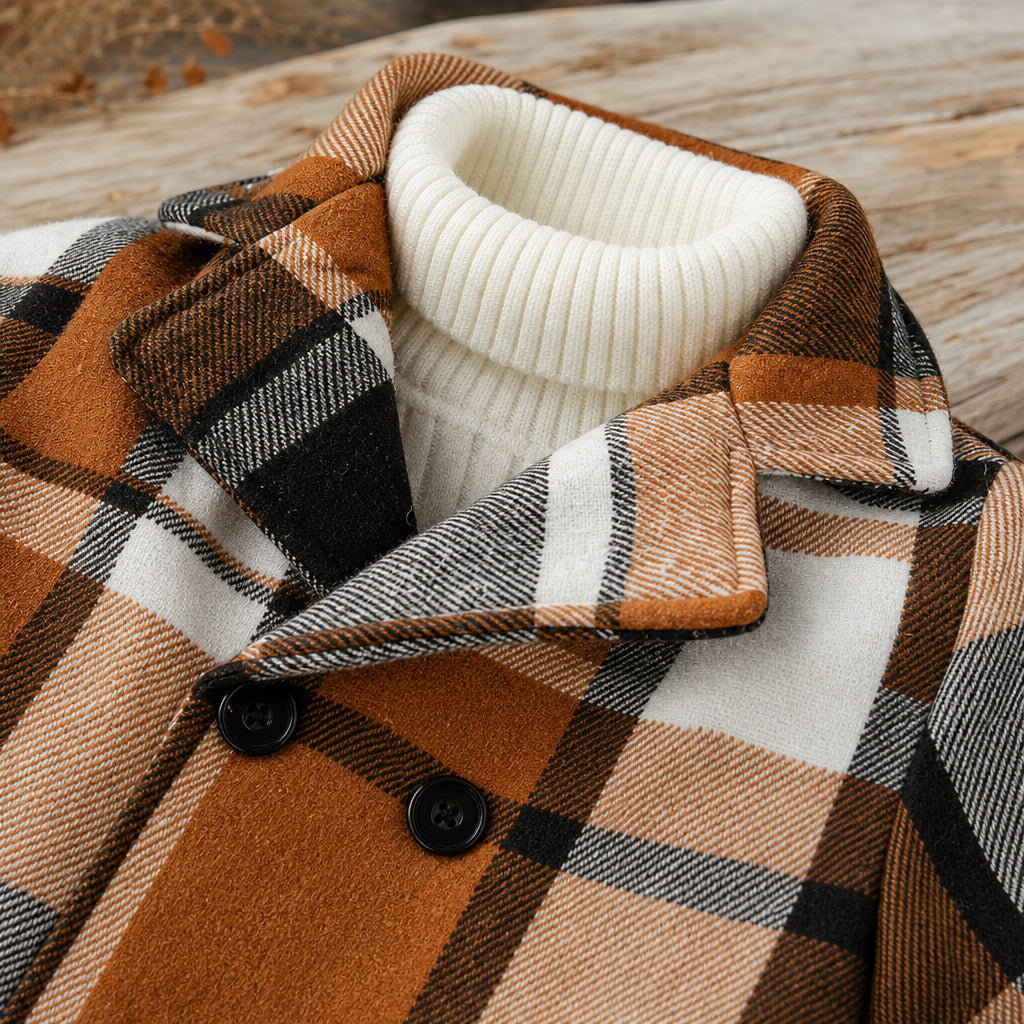 baby and toddler brown plaid coat detail showing Small child-sized coat silhouette