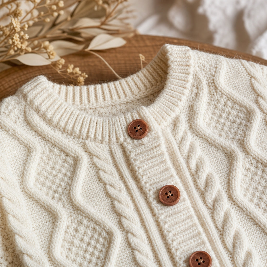 baby cardigan detail showing long sleeves