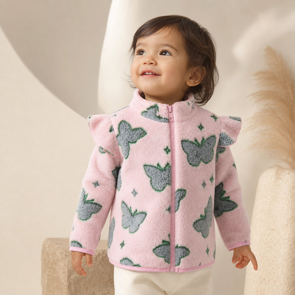 baby girls' pink butterfly print zip-up fleece jacket – pink