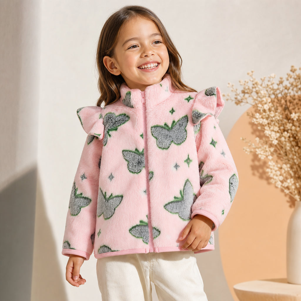 baby girls' pink butterfly print zip-up fleece jacket – Pink variant