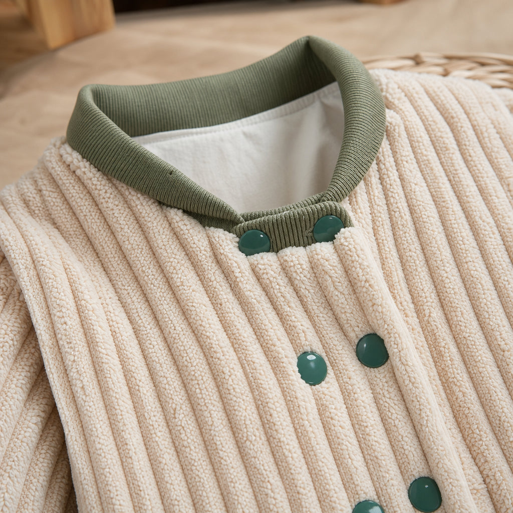 boys beige baseball-style jacket detail showing long sleeves