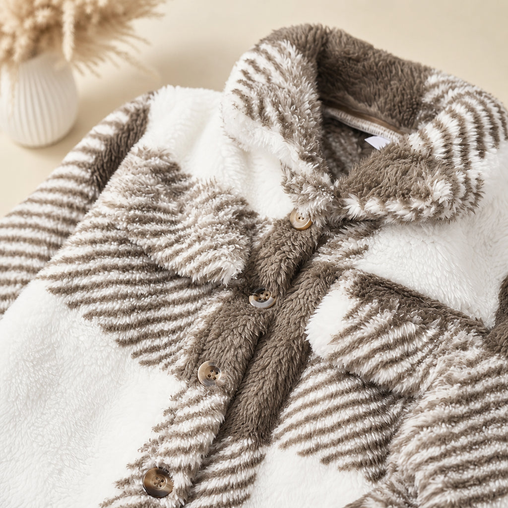 Children's fleece patchwork checked button-up jacket with teddy collar detail showing Child-sized jacket silhouette