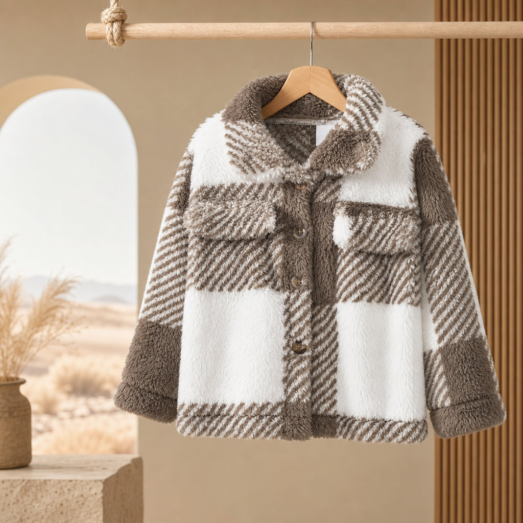Children's fleece patchwork checked button-up jacket with teddy collar – brown