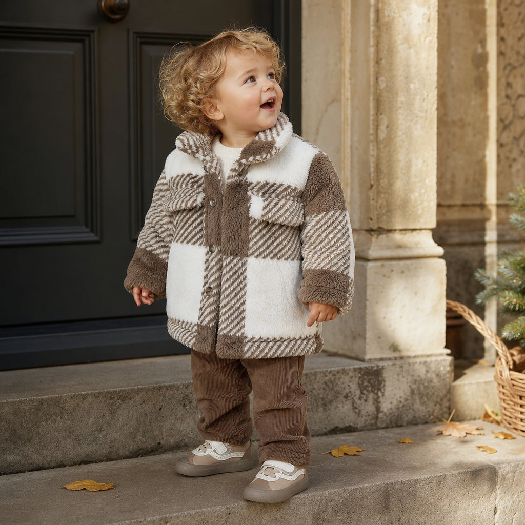 Children's fleece patchwork checked button-up jacket with teddy collar lifestyle product image