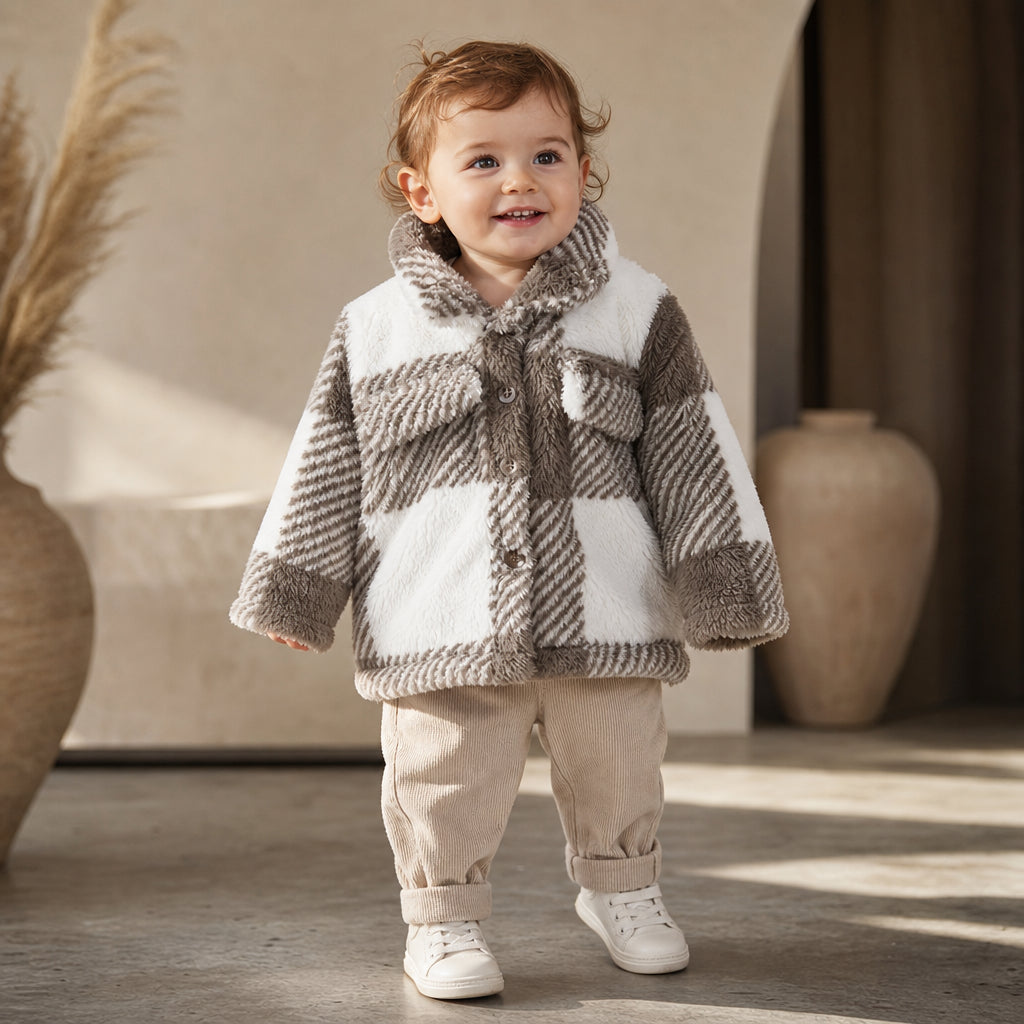 Children's fleece patchwork checked button-up jacket with teddy collar – WHITE variant