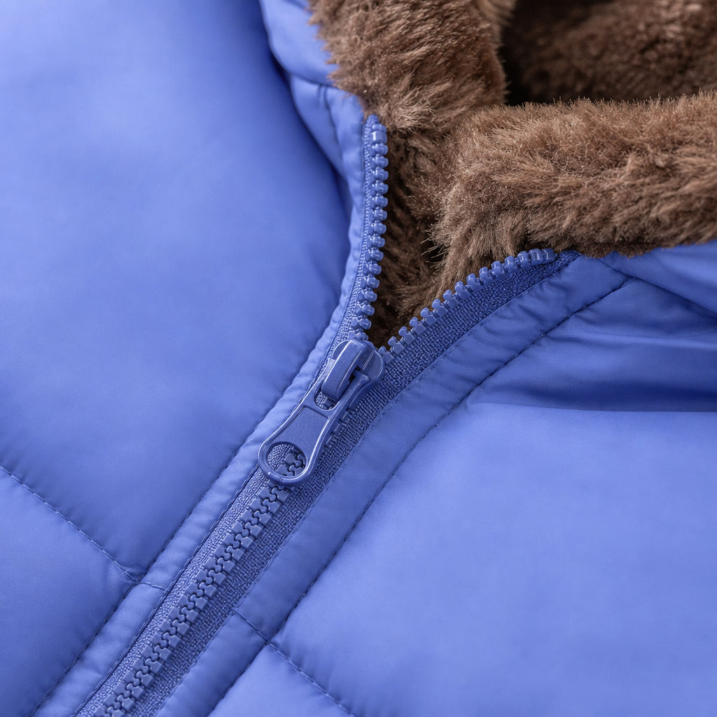 children's hooded padded jacket detail showing bear-ear hood