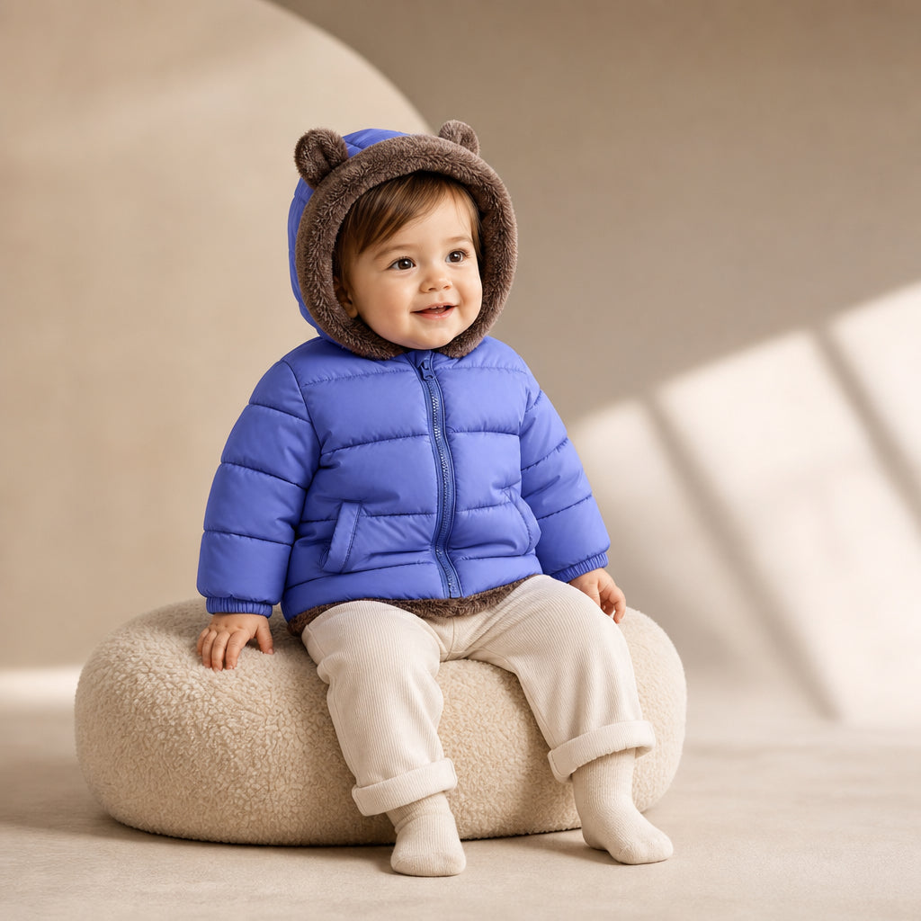 children's hooded padded jacket – blue, black, pink and grey