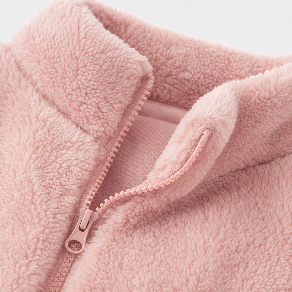 children's zip-up jacket detail showing full-length front zip