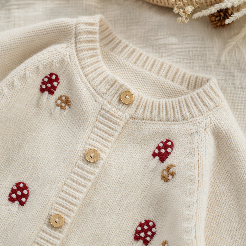 girls knitted cardigan detail showing cream base colour